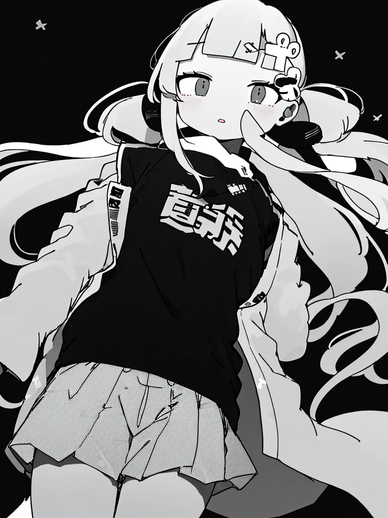 masterpiece, best quality, 1girl, solo, looking_at_viewer, bangs, simple_background, shirt, hair_ornament, long_sleeves, twintails, jacket, monochrome, ahoge, greyscale, parted_lips, open_clothes, blunt_bangs, low_twintails, 