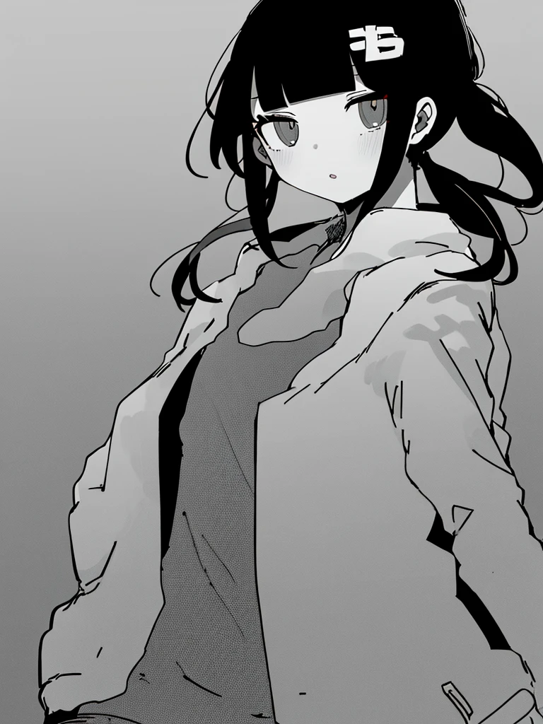 masterpiece, best quality, 1girl, solo, looking_at_viewer, bangs, simple_background, shirt, hair_ornament, long_sleeves, twintails, jacket, monochrome, ahoge, greyscale, parted_lips, open_clothes, blunt_bangs, low_twintails, 