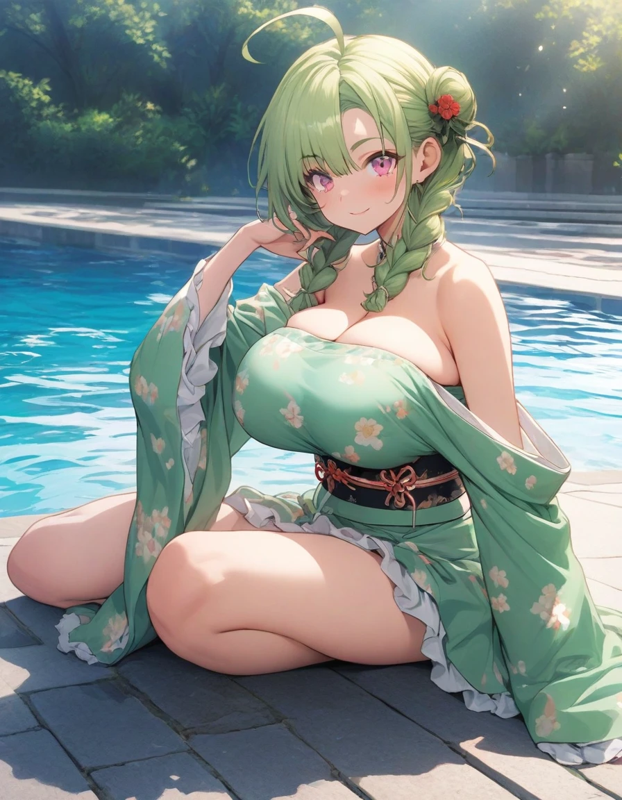 sitting,from side,full body,dynamic angle,(green bikini:1.25),snap shot,,,outdoor,,{{,game CG,high quality game CG},(1girl:1.25),{{masterpiece}}, {{{best quality}}}, {{ultra-detailed}},{{illustration}},,,,frills,frilled sleeves,frilled skirt,thick eyebrows,,,(21 years old:1.25),{{{brooch}}},medium hair, wavy hair, asymmetrical bangs,(twin braids:1.2),Bun hair,、 (green hair:1.1), , huge ahoge, light smile, thick_eyebrows, bare_shoulders,,(gigantic breasts:0.8), (pink eyes:1.25), flower, elbow_gloves,sleeves_past_wrists, obi,navel, skindentation, strapless, floral_print, ,,long sleeves, wide sleeves, japanese sleeves,,pool,poolside,