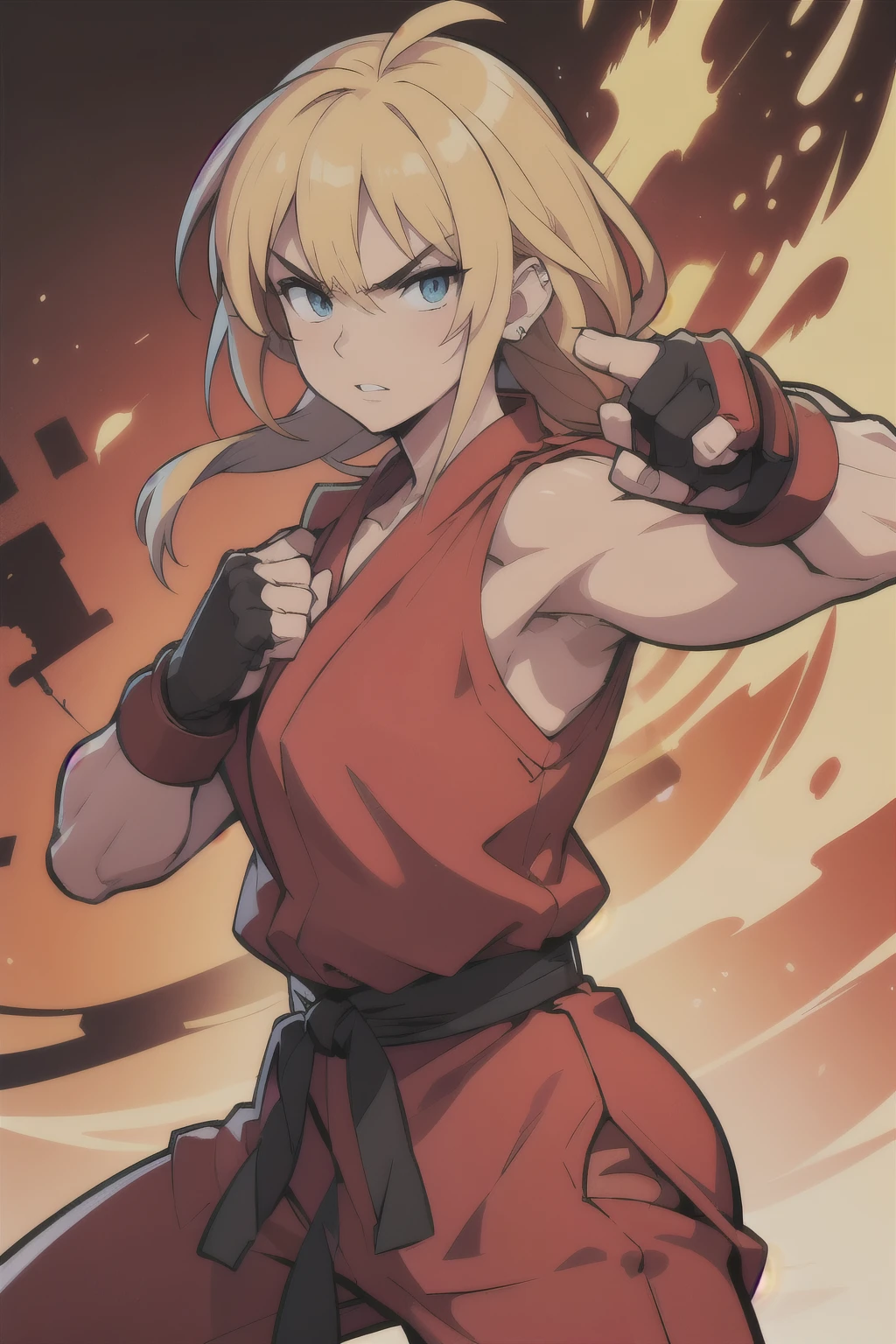 Ken Masters, street fighter, detailed facial features, piercing eyes, full lips, spiky hair, red martial arts uniform, dynamic fighting pose