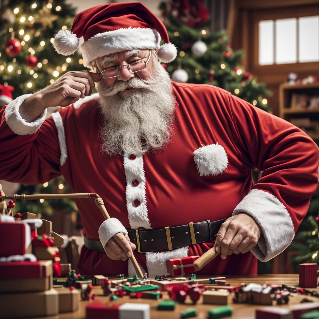 Create an illustration of Santa Claus working hard and sweating profusely. Santa should be depicted in his traditional red suit, but with the jacket open, sleeves rolled up, and sweat dripping from his forehead. His face should show determination and effort, with sweat stains visible on his clothing. The setting should be a toy workshop filled with half-finished toys and tools, with Santa in the midst of assembling toys. The atmosphere should be warm and slightly cluttered, capturing the intense labor and dedication of Santa preparing for Christmas.
Aspect ratio: 13:20
Colors: Earth tones with realistic textures
Background: Detailed toy workshop