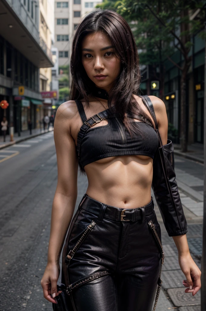 [[((young attractive Singaporean woman with strong Chinese Asian influence, a brown tanned complexion, long straight dark black hair dyed purple, striking almond-shaped dark brown eyes, and a  frame:1.6)), ((Sophie Tan:1.5)), standing against a concrete wall, wearing ((a black crop top with buckles and high-waisted black pants with multiple zippers:1.6)). She is striking a confident pose with her hands raised, touching her hair. The background is urban and minimalist. The scene is captured with a ((full-frame DSLR:1.4)) using a ((50mm prime lens:1.4)) to keep Sophie in sharp focus while slightly blurring the background. Professional lighting enhances her natural features and the edgy outfit. The image should be in ((8K resolution:1.5)) with ((hyper-realistic detail:1.6)). The focus is on Sophie’s stylish outfit, her confident pose, and the urban setting.]]
