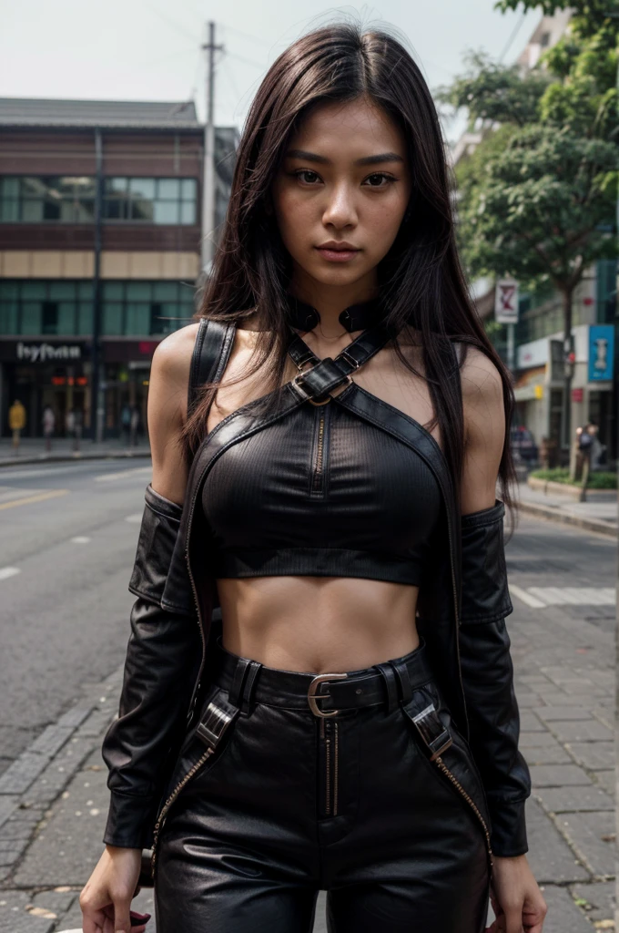 [[((young attractive Singaporean woman with strong Chinese Asian influence, a brown tanned complexion, long straight dark black hair dyed purple, striking almond-shaped dark brown eyes, and a  frame:1.6)), ((Sophie Tan:1.5)), standing against a concrete wall, wearing ((a black crop top with buckles and high-waisted black pants with multiple zippers:1.6)). She is striking a confident pose with her hands raised, touching her hair. The background is urban and minimalist. The scene is captured with a ((full-frame DSLR:1.4)) using a ((50mm prime lens:1.4)) to keep Sophie in sharp focus while slightly blurring the background. Professional lighting enhances her natural features and the edgy outfit. The image should be in ((8K resolution:1.5)) with ((hyper-realistic detail:1.6)). The focus is on Sophie’s stylish outfit, her confident pose, and the urban setting.]]
