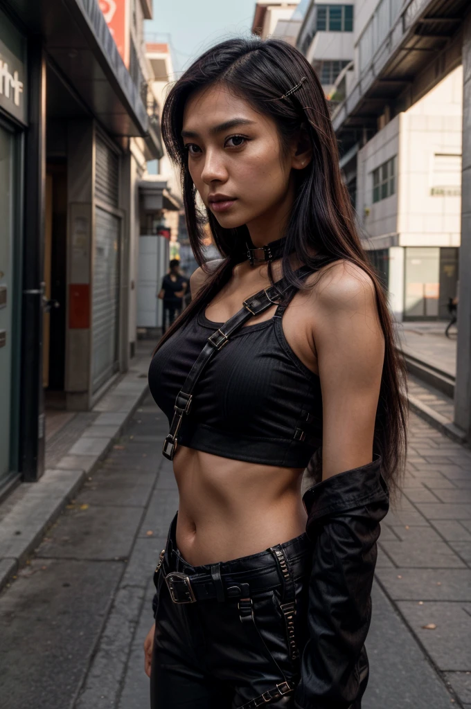 [[((young attractive Singaporean woman with strong Chinese Asian influence, a brown tanned complexion, long straight dark black hair dyed purple, striking almond-shaped dark brown eyes, and a  frame:1.6)), ((Sophie Tan:1.5)), standing against a concrete wall, wearing ((a black crop top with buckles and high-waisted black pants with multiple zippers:1.6)). She is striking a confident pose with her hands raised, touching her hair. The background is urban and minimalist. The scene is captured with a ((full-frame DSLR:1.4)) using a ((50mm prime lens:1.4)) to keep Sophie in sharp focus while slightly blurring the background. Professional lighting enhances her natural features and the edgy outfit. The image should be in ((8K resolution:1.5)) with ((hyper-realistic detail:1.6)). The focus is on Sophie’s stylish outfit, her confident pose, and the urban setting.]]
