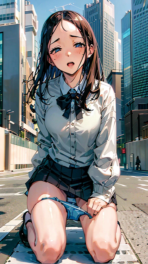 office Street,Skyscrapers in the background,blue sky,all fours,Kneel,masterpiece,quality,High resolution,高quality,Realistic,Random hairstyle,business suit,skirt,Jacket,White collared shirt,whole body,Forehead,Ahegao,Big eyes,Embarrassed face,Fair skin,Thighs,High heels:1.3,panty drop:1.5