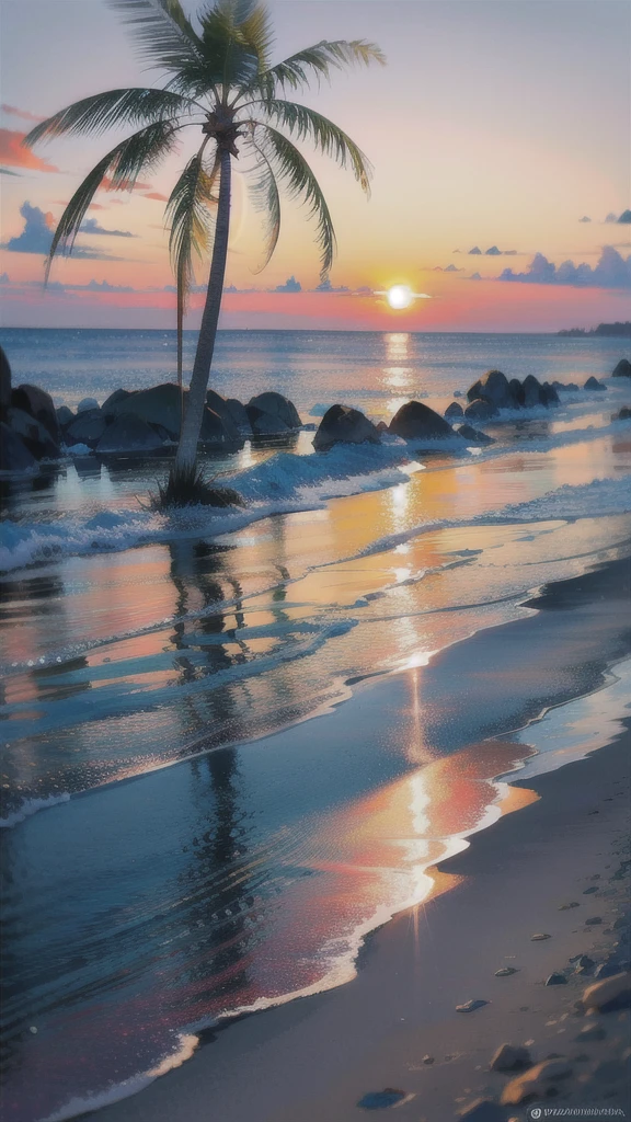 The beach is covered with colorful transparent smooth stones: 1.5, an absolutely mesmerizing sunset on the beach with a mix of orange, pink and yellow in the sky. The water is crystal clear, gently kissing the shore, and the white sand beach stretches as far as the eye can see. The scene is dynamic and breathtaking, with seagulls soaring high in the sky and palm trees gently swaying. Soak up the calming atmosphere and let tranquility envelop you.