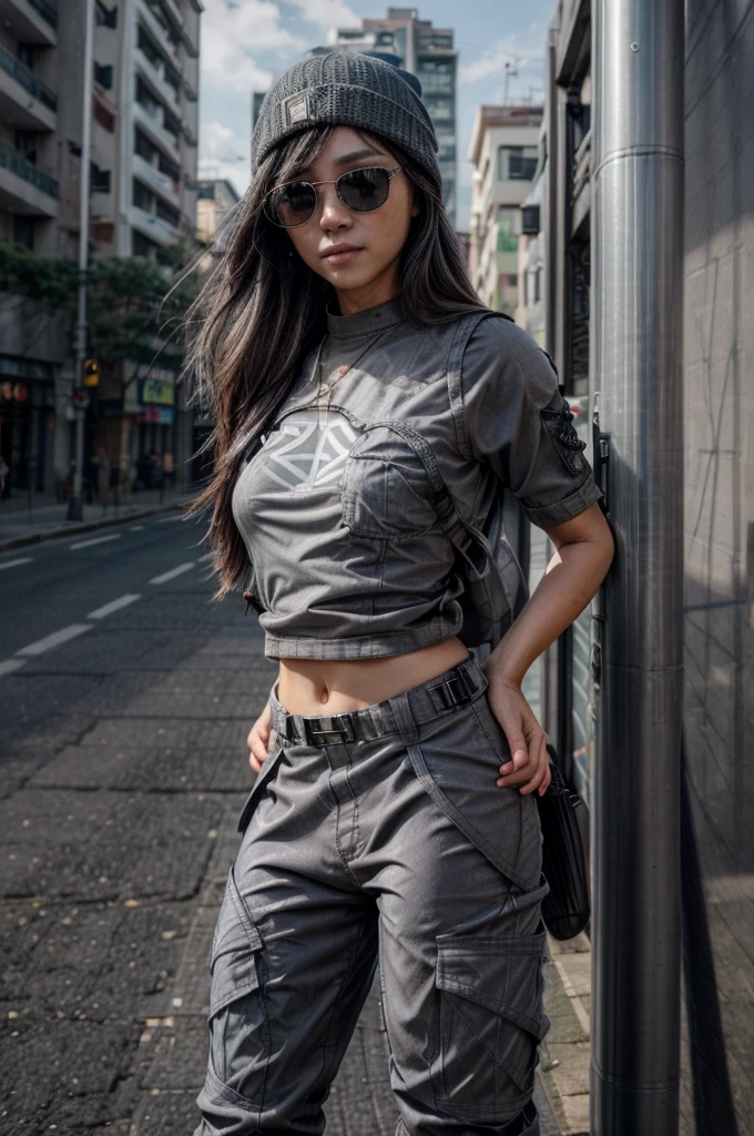 [[((young attractive Singaporean woman with strong Chinese Asian influence, a brown tanned complexion, long straight dark black hair, striking almond-shaped dark brown eyes, and a  frame:1.6)), ((Sophie Tan:1.5)), standing outdoors, wearing ((an oversized black graphic t-shirt, gray beanie, white sunglasses, and gray cargo pants:1.6)). She is striking a casual pose with one hand raised in a peace sign. The background features an urban street setting. The scene is captured with a ((full-frame DSLR:1.4)) using a ((24-70mm zoom lens:1.4)) to keep Sophie in sharp focus while slightly blurring the background. Professional lighting enhances her natural features and the streetwear outfit. The image should be in ((8K resolution:1.5)) with ((hyper-realistic detail:1.6)). The focus is on Sophie’s casual street style, her relaxed pose, and the urban street setting.]]
