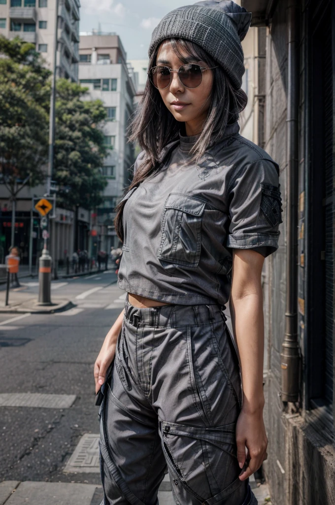 [[((young attractive Singaporean woman with strong Chinese Asian influence, a brown tanned complexion, long straight dark black hair, striking almond-shaped dark brown eyes, and a  frame:1.6)), ((Sophie Tan:1.5)), standing outdoors, wearing ((an oversized black graphic t-shirt, gray beanie, white sunglasses, and gray cargo pants:1.6)). She is striking a casual pose with one hand raised in a peace sign. The background features an urban street setting. The scene is captured with a ((full-frame DSLR:1.4)) using a ((24-70mm zoom lens:1.4)) to keep Sophie in sharp focus while slightly blurring the background. Professional lighting enhances her natural features and the streetwear outfit. The image should be in ((8K resolution:1.5)) with ((hyper-realistic detail:1.6)). The focus is on Sophie’s casual street style, her relaxed pose, and the urban street setting.]]
