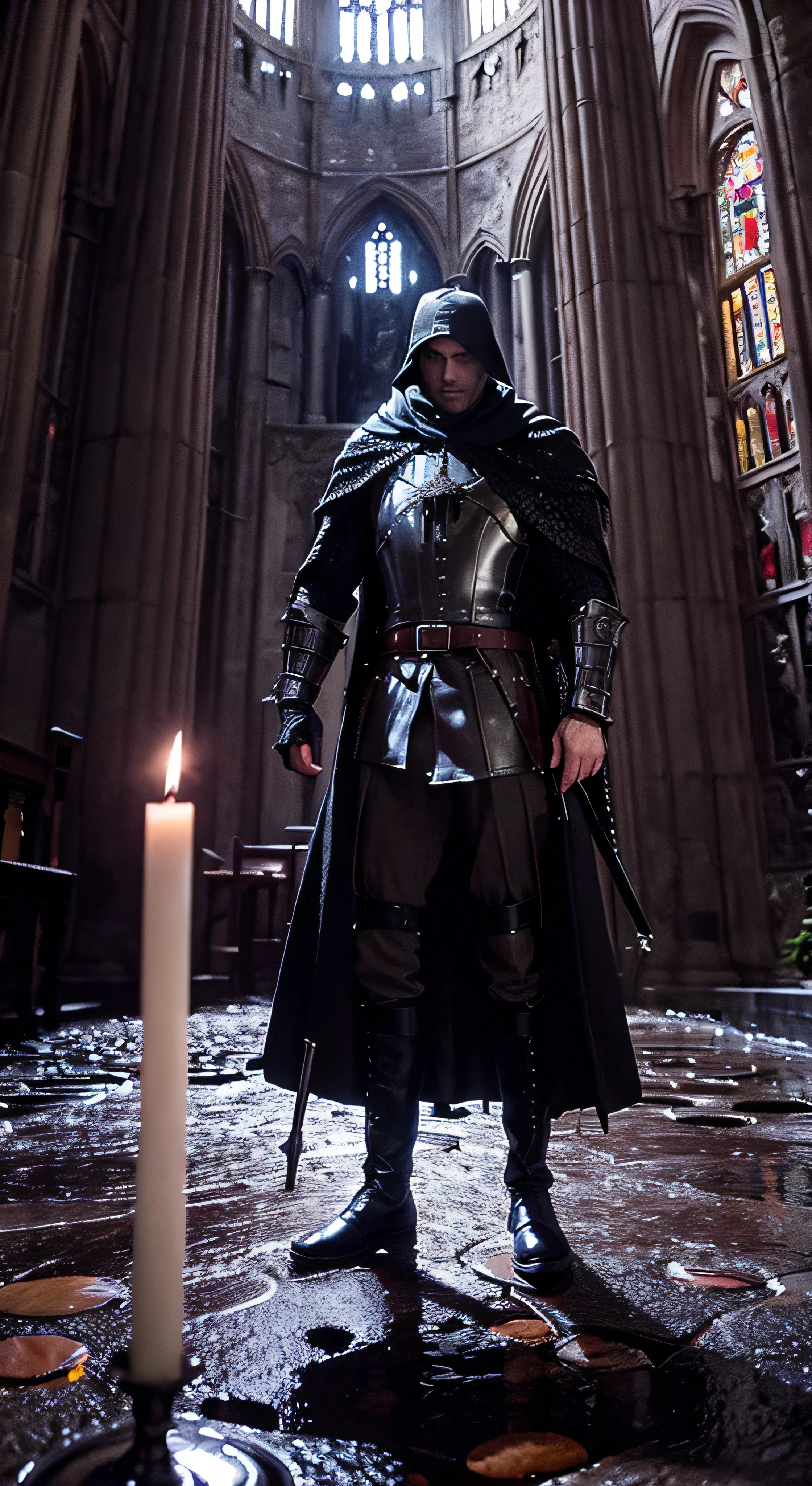fisheye lens, portrait photo of medieval knight standing inside a gothic church, wet stone, puddles, infinite vaults, bloodborne, dramatic light, low key, candle light