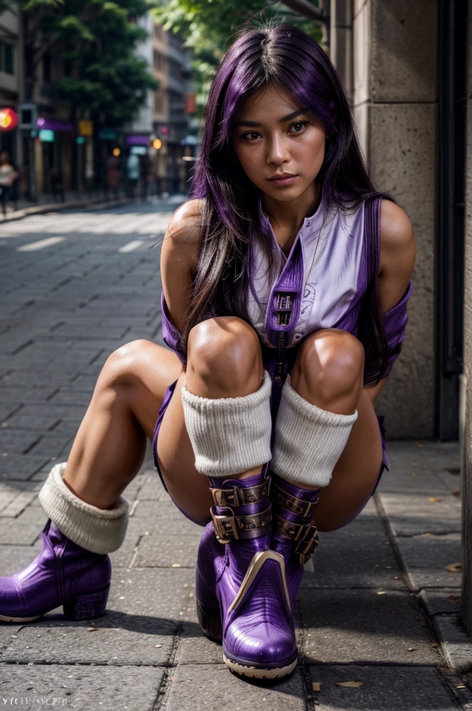 [[((young attractive Singaporean woman with strong Chinese Asian influence, a brown tanned complexion, long straight dark black hair, striking almond-shaped dark brown eyes, and a  frame:1.6)), ((Sophie Tan:1.5)), posing on a city street, wearing ((a black cropped top with white stripes, black high-waisted pants with buttons, and purple ankle boots:1.6)). She is striking a fashionable pose with one hand on her hip and the other adjusting her red sunglasses. The background features a bustling city street. The scene is captured with a ((full-frame DSLR:1.4)) using a ((50mm prime lens:1.4)) to keep Sophie in sharp focus while slightly blurring the background. Professional lighting enhances her natural features and the trendy outfit. The image should be in ((8K resolution:1.5)) with ((hyper-realistic detail:1.6)). The focus is on Sophie’s trendy street style, her confident pose, and the vibrant city setting.]]
