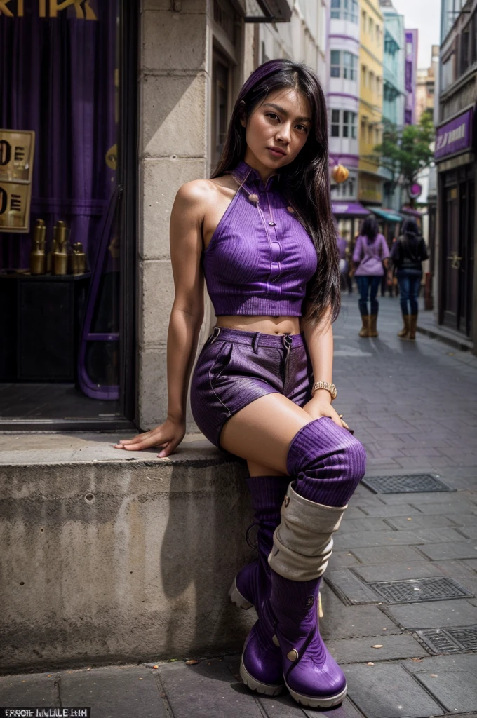 [[((young attractive Singaporean woman with strong Chinese Asian influence, a brown tanned complexion, long straight dark black hair, striking almond-shaped dark brown eyes, and a  frame:1.6)), ((Sophie Tan:1.5)), posing on a city street, wearing ((a black cropped top with white stripes, black high-waisted pants with buttons, and purple ankle boots:1.6)). She is striking a fashionable pose with one hand on her hip and the other adjusting her red sunglasses. The background features a bustling city street. The scene is captured with a ((full-frame DSLR:1.4)) using a ((50mm prime lens:1.4)) to keep Sophie in sharp focus while slightly blurring the background. Professional lighting enhances her natural features and the trendy outfit. The image should be in ((8K resolution:1.5)) with ((hyper-realistic detail:1.6)). The focus is on Sophie’s trendy street style, her confident pose, and the vibrant city setting.]]
