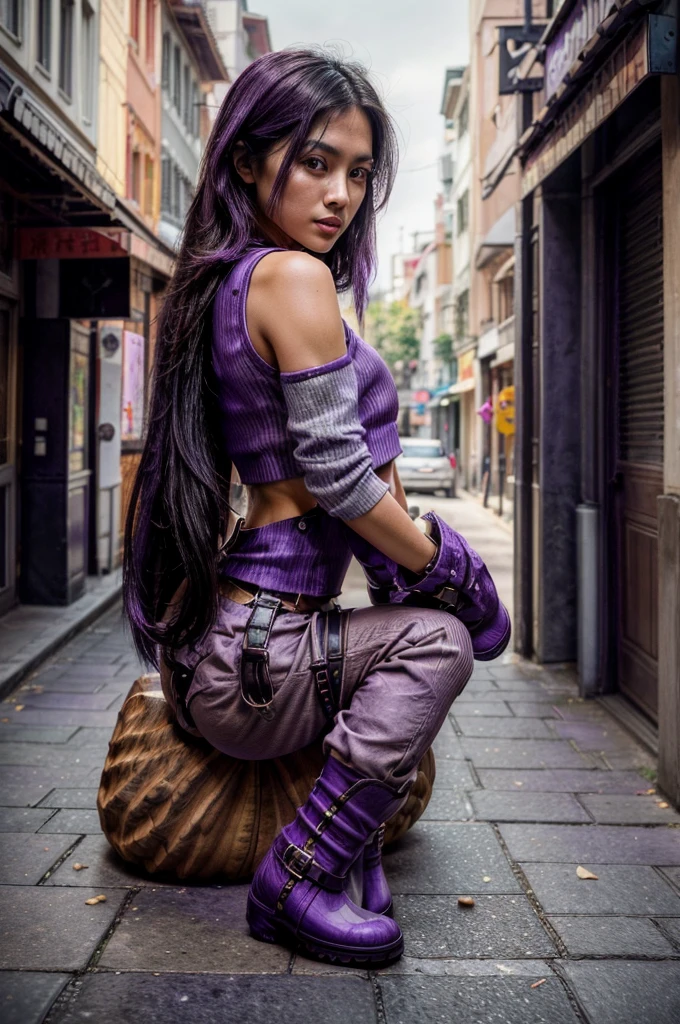 [[((young attractive Singaporean woman with strong Chinese Asian influence, a brown tanned complexion, long straight dark black hair, striking almond-shaped dark brown eyes, and a  frame:1.6)), ((Sophie Tan:1.5)), posing on a city street, wearing ((a black cropped top with white stripes, black high-waisted pants with buttons, and purple ankle boots:1.6)). She is striking a fashionable pose with one hand on her hip and the other adjusting her red sunglasses. The background features a bustling city street. The scene is captured with a ((full-frame DSLR:1.4)) using a ((50mm prime lens:1.4)) to keep Sophie in sharp focus while slightly blurring the background. Professional lighting enhances her natural features and the trendy outfit. The image should be in ((8K resolution:1.5)) with ((hyper-realistic detail:1.6)). The focus is on Sophie’s trendy street style, her confident pose, and the vibrant city setting.]]
