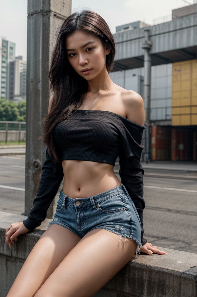 analog film photo, photo of a punk woman, amber eyes, layered emo ponytail, tan complexion, Japanese ethnicity, tall stature, curvy, voluptuous hourglass figure, busty bosom, full wide hips, plump round buttocks, wearing a crop top and a plaid skirt, posing on a Tokyo rooftop, RAW Photograph, dslr, soft lighting, high quality, film grain, Fujifilm XT3, detailed skin with visible pores, insane details, masterpiece, 8k, 35mm photograph, dslr, kodachrome, faded film, desaturated, grainy, vintage, Lomography, stained, highly detailed, found footage, close-up shot