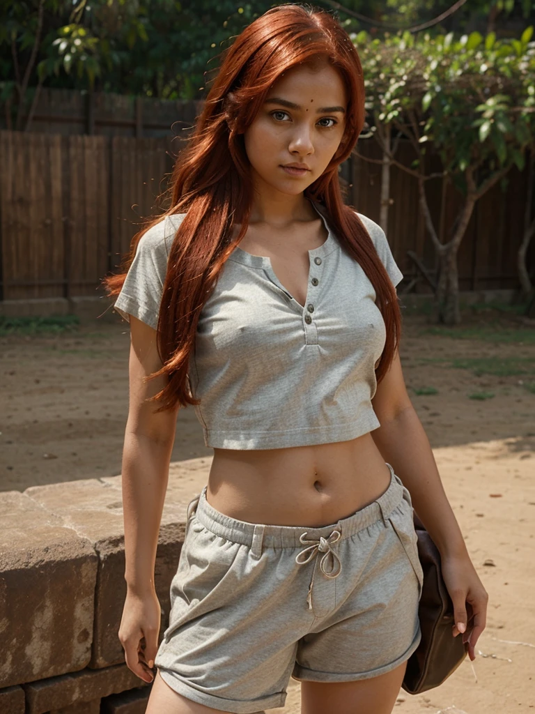 Show me a young girl of 18 with red hair and clothes from the movie Bãhubali