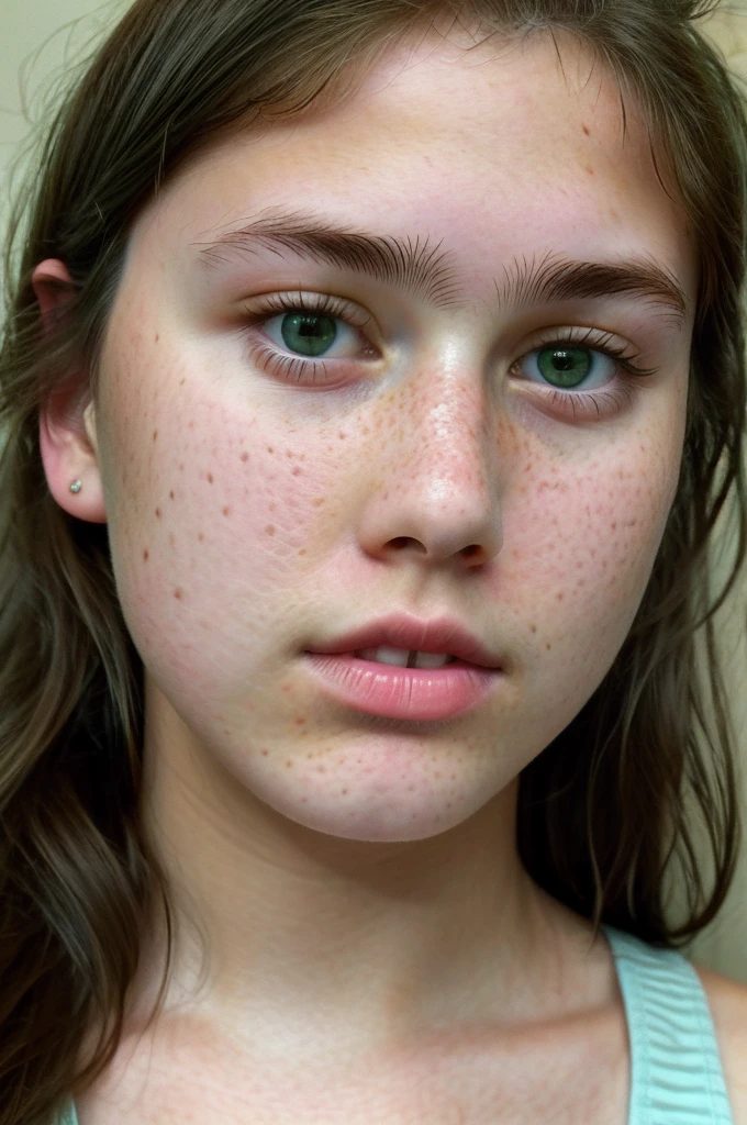 really pretty 18 years old girl. Brown hair. Innocent face. Straight looking to the camera. Facing the camera. Green eyes. Freckles