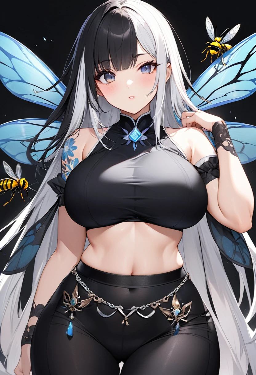 beautiful girl: 

long hair with bangs:
Hair color; black and white hair, but with black bangs and a few strands of black hair Body: very big breasts, small waist, Wide hips, chubby thighs, culona (wasp body)

Imegen: tiene un tatuaje en el pecho de una araña  🕷️ y en el abdomen bajo tiene un tatuaje tambien de flor de loto 🪷 

Ojos: heterocromina, one eye is black and the other is light blue crystalline