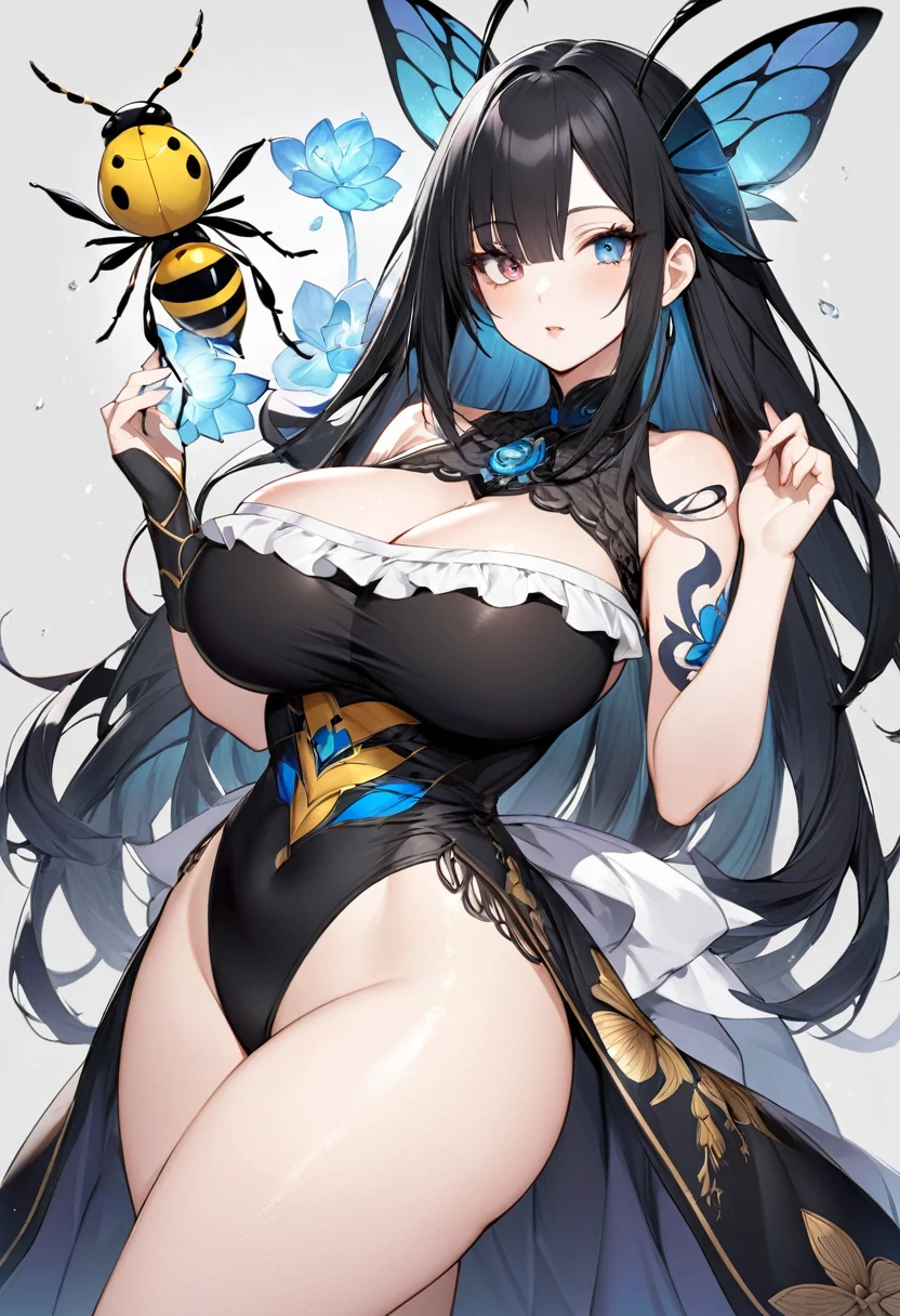 beautiful girl: 

long hair with bangs:
Hair color; black and white hair, but with black bangs and a few strands of black hair Body: very big breasts, small waist, Wide hips, chubby thighs, culona (wasp body)

Imegen: tiene un tatuaje en el pecho de una araña  🕷️ y en el abdomen bajo tiene un tatuaje tambien de flor de loto 🪷 

Ojos: heterocromina, one eye is black and the other is light blue crystalline