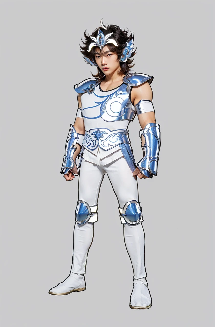 A young tall asian man in copper armor with white tight without sleeves underneath, muscular, saint seiya, pegasus seiya, messy hair, high resolution