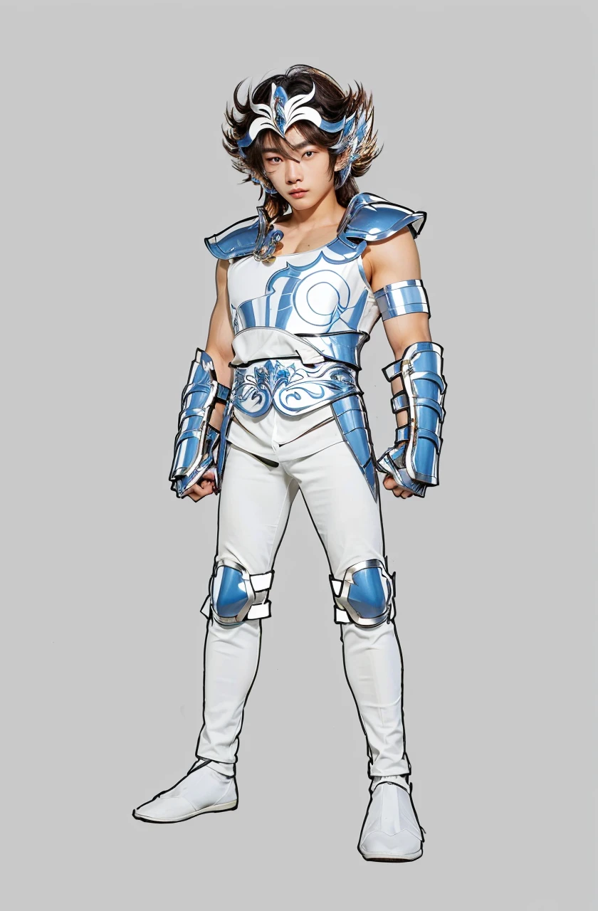 A young tall asian man in copper armor with white tight without sleeves underneath, muscular, saint seiya, pegasus seiya, messy hair, high resolution