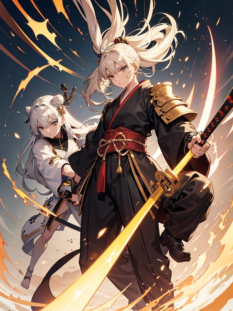 ### Detailed Physical Profile of a Samurai
**Height and weight:**
- Height: approximately 1,75m a 1,85m.
- Weight: Between 70kg and 80kg, reflecting a combination of lean and toned musculature.
**Physical Constitution:**
- Strong and agile, with well defined muscles.
- Broad shoulders and narrow waist, evidencing a body trained for combat and resistance.
**stance:**
- Erect and confident, conveying a sense of discipline and readiness.
- Precise and graceful movements, result of years of rigorous training.
**facial features:**
- Strong and well-defined jaw.
- Penetrating and determined eyes, often slightly almond-shaped.
- Straight and well-proportioned nose.
- Slightly prominent cheekbones.
- A generally serious and introspective expression.
**body hair:**
- Black and thick, often kept long and tied into a bun (called chonmage) On top of its head.
- May have some gray hairs, sign of experience and wisdom.
**Skinned:**
- Slightly tanned due to sun exposure during outdoor training and combat.
- Battle scars, cuts and marks, especially in the arms, chest and face, that tell stories of past battles.
**hands and arms:**
- Calloused and strong hands, with agile and precise fingers, capable of handling weapons with great skill.
- Muscular and well-defined arms, result of constant training with sword and bow.
**Clothing:**
- Wear traditional samurai armor (yoroi), which may include a breastplate (dō), shoulder plates (in the garden), and a helmet (kabuto) with a mask (mempo) that covers part of the face.
- The clothes underneath the armor are generally made of resistant fabric, like cotton or silk, and include a hakama (loose pants) and a gi (jaket).
**Accessories and Equipment:**
- Carries two swords, A Katana and a Wakizashi, symbolizing your class and honor.
- Can carry a bow (yumi) and arrows, in addition to other weapons such as the spear (was) ou a naginata.
- Personal items, like amulets