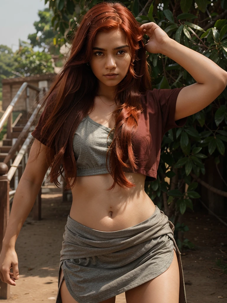 Show me a young girl of 18 with red hair and clothes from the movie Bãhubali 