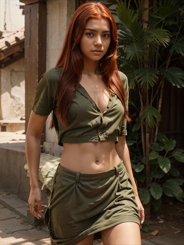 Show me a young girl of 18 with red hair and clothes from the movie Bãhubali