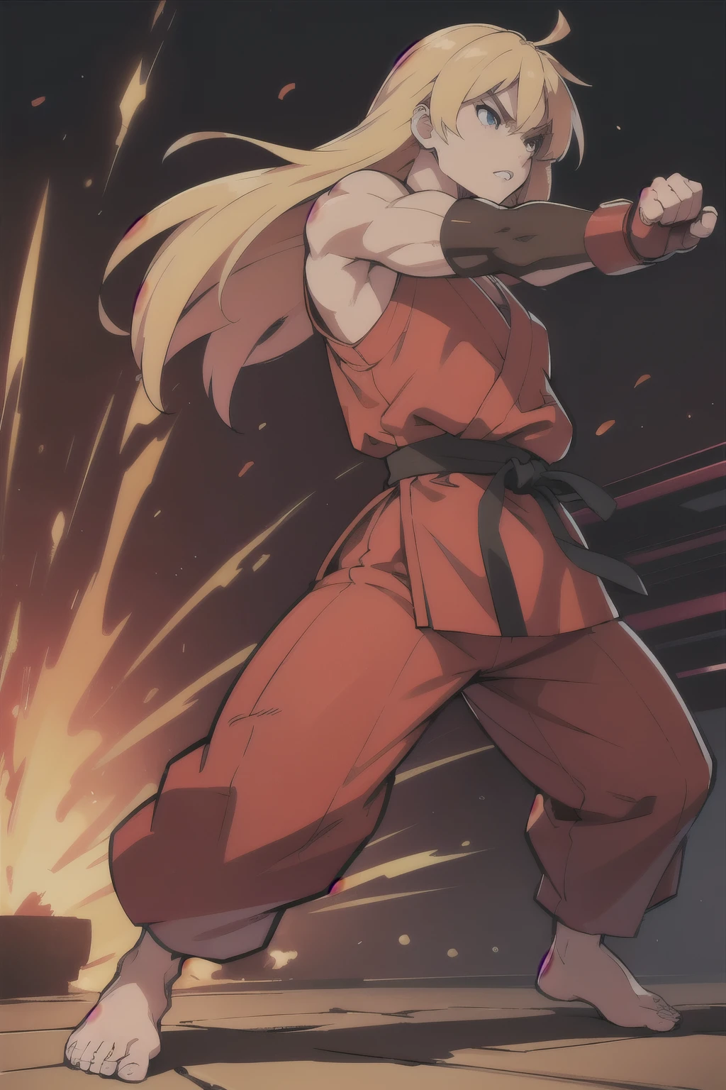 Ken Masters, street fighter, detailed facial features, piercing eyes, full lips, spiky hair, red martial arts uniform, dynamic fighting pose, full body shot