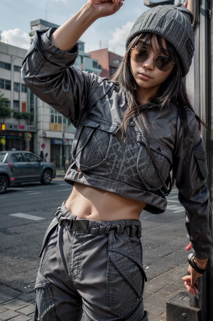 [[((young attractive Singaporean woman with strong Chinese Asian influence, a brown tanned complexion, long straight dark black hair, striking almond-shaped dark brown eyes, and a  frame:1.6)), ((Sophie Tan:1.5)), standing outdoors, wearing ((an oversized black graphic t-shirt, gray beanie, white sunglasses, and gray cargo pants:1.6)). She is striking a casual pose with one hand raised in a peace sign. The background features an urban street setting. The scene is captured with a ((full-frame DSLR:1.4)) using a ((24-70mm zoom lens:1.4)) to keep Sophie in sharp focus while slightly blurring the background. Professional lighting enhances her natural features and the streetwear outfit. The image should be in ((8K resolution:1.5)) with ((hyper-realistic detail:1.6)). The focus is on Sophie’s casual street style, her relaxed pose, and the urban street setting.]]
