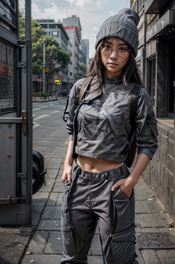 [[((young attractive Singaporean woman with strong Chinese Asian influence, a brown tanned complexion, long straight dark black hair, striking almond-shaped dark brown eyes, and a  frame:1.6)), ((Sophie Tan:1.5)), standing outdoors, wearing ((an oversized black graphic t-shirt, gray beanie, white sunglasses, and gray cargo pants:1.6)). She is striking a casual pose with one hand raised in a peace sign. The background features an urban street setting. The scene is captured with a ((full-frame DSLR:1.4)) using a ((24-70mm zoom lens:1.4)) to keep Sophie in sharp focus while slightly blurring the background. Professional lighting enhances her natural features and the streetwear outfit. The image should be in ((8K resolution:1.5)) with ((hyper-realistic detail:1.6)). The focus is on Sophie’s casual street style, her relaxed pose, and the urban street setting.]]
