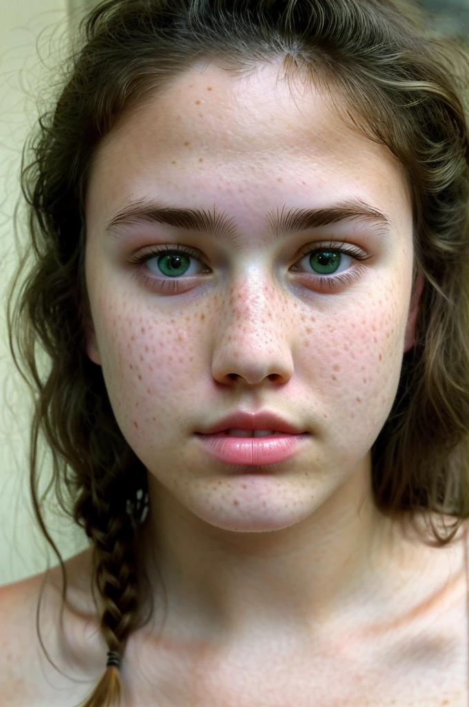 really pretty 18 years old girl. Brown hair. Innocent face. Straight looking to the camera. Facing the camera. Green eyes. Freckles