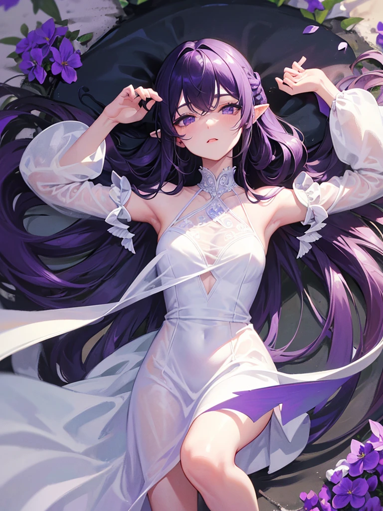 masterpiece, highest quality, Long Hair Girl, Alone in an endless flower field((See-through gorgeous sheer dress in black and purple)) ((infant))((((nsfw))))((((5 years old)))(((infant)))((Lolita))((naked)) (Very long hair))((Blunt bangs))((Bitch))((tsurime))((Big eyes))((Skinny body))((expensive))(Pale skin))((Botanical Prints))((infant))((Showing nipples under shirt))((Showing her crotch under her skirt))(Pale skin))((Botanical Prints))