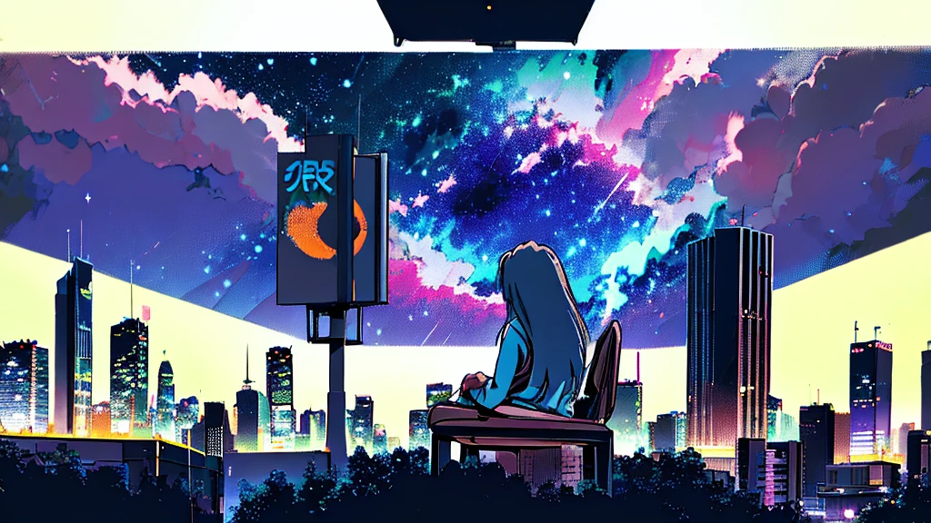 octans, sky, star (sky), scenery, starry sky, night, 1girl, night sky, solo, outdoors, building, cloud, milky way, sitting, tree, long hair, city, silhouette, cityscape,City from a distance, tokyo, city billboard, 1 milky way in the sky,