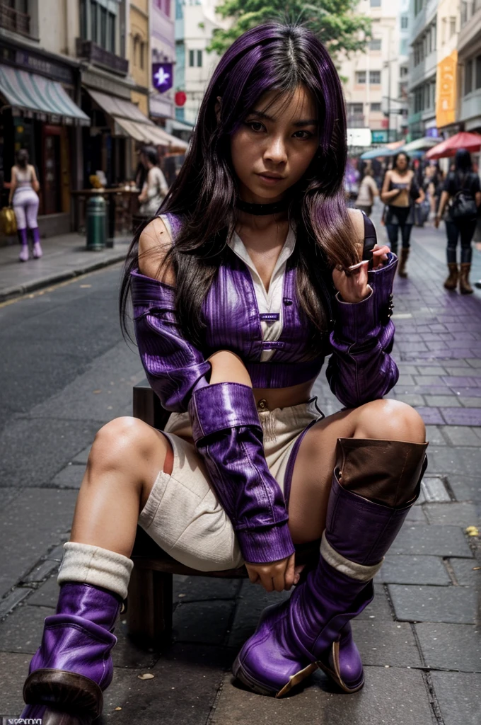 [[((young attractive Singaporean woman with strong Chinese Asian influence, a brown tanned complexion, long straight dark black hair, striking almond-shaped dark brown eyes, and a  frame:1.6)), ((Sophie Tan:1.5)), posing on a city street, wearing ((a black cropped top with white stripes, black high-waisted pants with buttons, and purple ankle boots:1.6)). She is striking a fashionable pose with one hand on her hip and the other adjusting her red sunglasses. The background features a bustling city street. The scene is captured with a ((full-frame DSLR:1.4)) using a ((50mm prime lens:1.4)) to keep Sophie in sharp focus while slightly blurring the background. Professional lighting enhances her natural features and the trendy outfit. The image should be in ((8K resolution:1.5)) with ((hyper-realistic detail:1.6)). The focus is on Sophie’s trendy street style, her confident pose, and the vibrant city setting.]]
