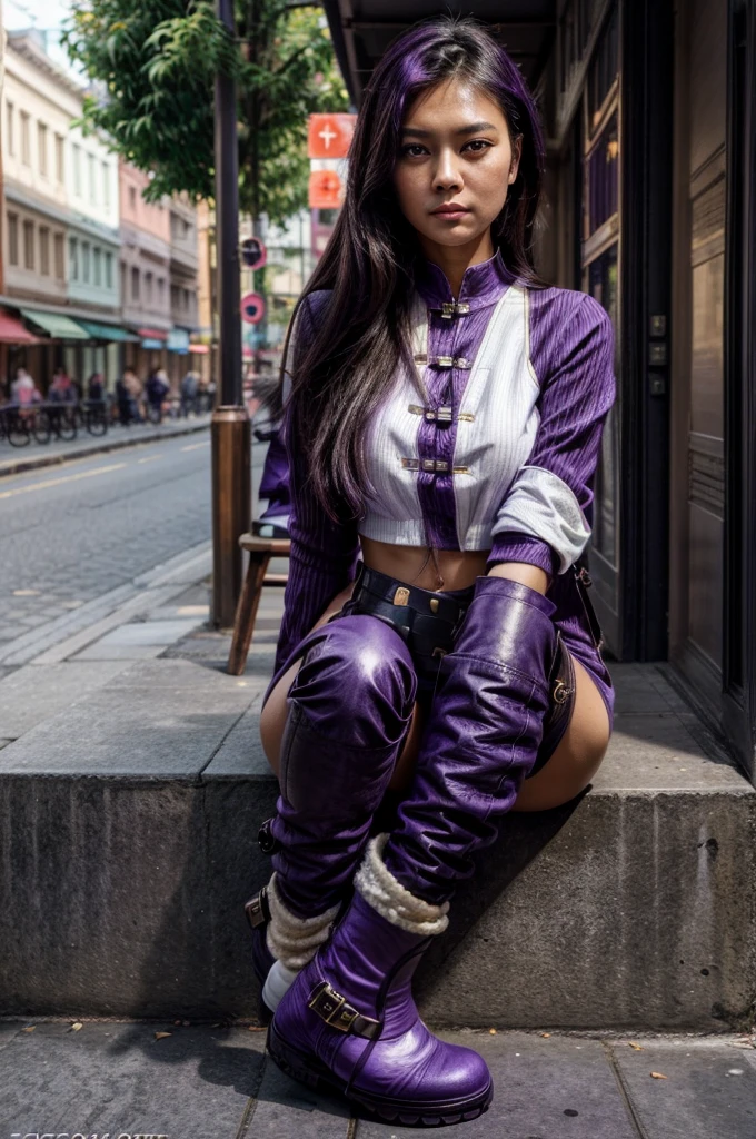 [[((young attractive Singaporean woman with strong Chinese Asian influence, a brown tanned complexion, long straight dark black hair, striking almond-shaped dark brown eyes, and a  frame:1.6)), ((Sophie Tan:1.5)), posing on a city street, wearing ((a black cropped top with white stripes, black high-waisted pants with buttons, and purple ankle boots:1.6)). She is striking a fashionable pose with one hand on her hip and the other adjusting her red sunglasses. The background features a bustling city street. The scene is captured with a ((full-frame DSLR:1.4)) using a ((50mm prime lens:1.4)) to keep Sophie in sharp focus while slightly blurring the background. Professional lighting enhances her natural features and the trendy outfit. The image should be in ((8K resolution:1.5)) with ((hyper-realistic detail:1.6)). The focus is on Sophie’s trendy street style, her confident pose, and the vibrant city setting.]]
