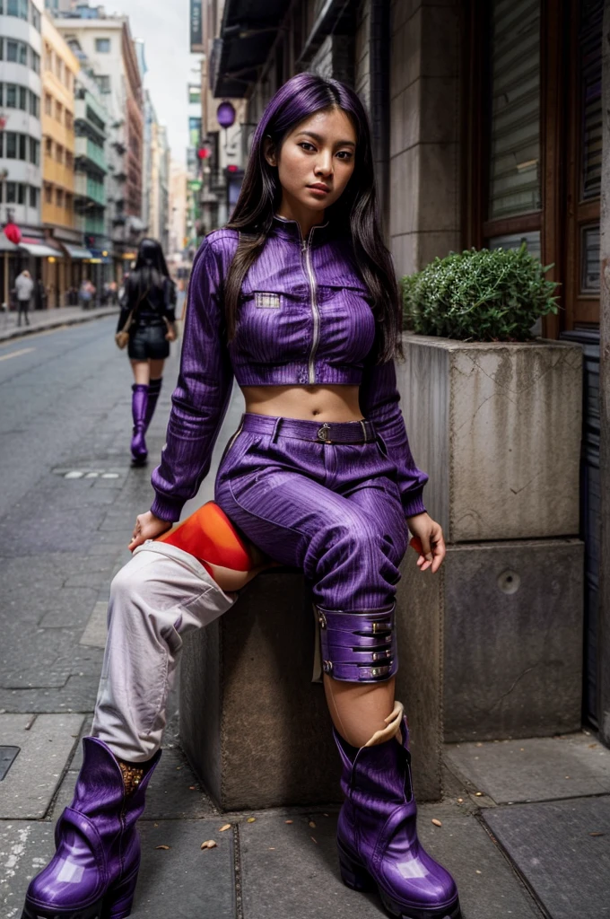 [[((young attractive Singaporean woman with strong Chinese Asian influence, a brown tanned complexion, long straight dark black hair, striking almond-shaped dark brown eyes, and a  frame:1.6)), ((Sophie Tan:1.5)), posing on a city street, wearing ((a black cropped top with white stripes, black high-waisted pants with buttons, and purple ankle boots:1.6)). She is striking a fashionable pose with one hand on her hip and the other adjusting her red sunglasses. The background features a bustling city street. The scene is captured with a ((full-frame DSLR:1.4)) using a ((50mm prime lens:1.4)) to keep Sophie in sharp focus while slightly blurring the background. Professional lighting enhances her natural features and the trendy outfit. The image should be in ((8K resolution:1.5)) with ((hyper-realistic detail:1.6)). The focus is on Sophie’s trendy street style, her confident pose, and the vibrant city setting.]]
