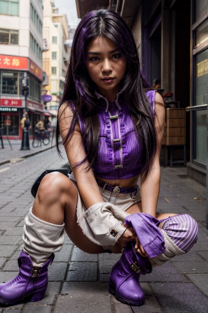 [[((young attractive Singaporean woman with strong Chinese Asian influence, a brown tanned complexion, long straight dark black hair, striking almond-shaped dark brown eyes, and a  frame:1.6)), ((Sophie Tan:1.5)), posing on a city street, wearing ((a black cropped top with white stripes, black high-waisted pants with buttons, and purple ankle boots:1.6)). She is striking a fashionable pose with one hand on her hip and the other adjusting her red sunglasses. The background features a bustling city street. The scene is captured with a ((full-frame DSLR:1.4)) using a ((50mm prime lens:1.4)) to keep Sophie in sharp focus while slightly blurring the background. Professional lighting enhances her natural features and the trendy outfit. The image should be in ((8K resolution:1.5)) with ((hyper-realistic detail:1.6)). The focus is on Sophie’s trendy street style, her confident pose, and the vibrant city setting.]]
