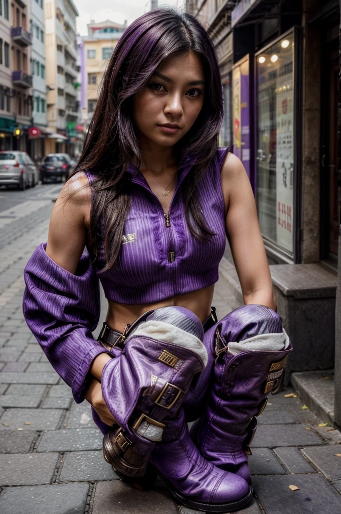 [[((young attractive Singaporean woman with strong Chinese Asian influence, a brown tanned complexion, long straight dark black hair, striking almond-shaped dark brown eyes, and a  frame:1.6)), ((Sophie Tan:1.5)), posing on a city street, wearing ((a black cropped top with white stripes, black high-waisted pants with buttons, and purple ankle boots:1.6)). She is striking a fashionable pose with one hand on her hip and the other adjusting her red sunglasses. The background features a bustling city street. The scene is captured with a ((full-frame DSLR:1.4)) using a ((50mm prime lens:1.4)) to keep Sophie in sharp focus while slightly blurring the background. Professional lighting enhances her natural features and the trendy outfit. The image should be in ((8K resolution:1.5)) with ((hyper-realistic detail:1.6)). The focus is on Sophie’s trendy street style, her confident pose, and the vibrant city setting.]]
