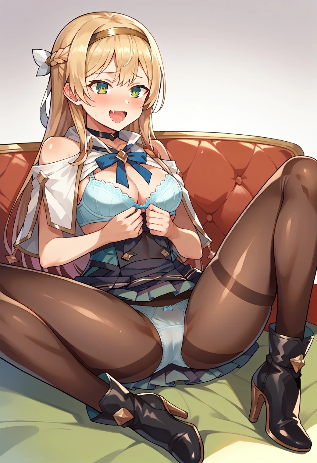 score_9, score_8_superior, score_7_superior, score_6_superior, score_5_superior, score_4_superior, sauce_anime, indoor,
(masterpiece, Highest quality), fc detailed portrait, alone, One girl, klaudiaryza1base, Long Hair, Braiding, hair band, Hair Ribbon,
Claudia Def Shirt, Claudia Def Skirt, White capelet, Detachable collar, on, choker, Bare shoulders, Elbow hand pockets, thigh band pant, Brown pantyhoseck leather shoes、Heeled Boots、
View your viewers, blush, excited, Open your mouth, Embarrassing、Climax、ahegao、l body portrait、Sitting、Spread your legs、lotus position、Indian Style、Skirt Lift、((Panties through pant、Showing off heries、Shirt lift、Showing off hBra lift、IncrsGCMeme))