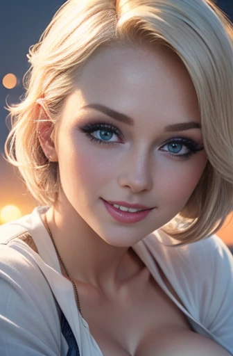 Close up Glamour Portrait shot of a 26 year old woman, (((Kelly Von East))). Short blonde hair, bright blue eyes , (realistic face, perfect eyes, perfect face:1.1), make-up, (smiling, laughing), white shirt, blue jeans, small breasts, Cleavage. dramatic lighting, night, sunrise. Sitting position.