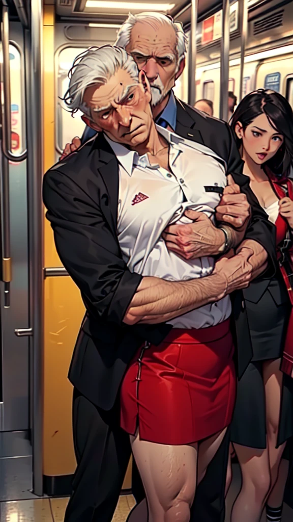 sfv, realistically, Masterpiece artwork, Detailed scene of very busy indoor subway, Detailed background of VERY crowded subway train interior, Go bananas (Female 1) sexy americana ((uniforms)), (((The skirt is lifted)), (Gerry), (thick), (Expression of fear), His face was red, Old and young man touches woman 1 from behind,(((The old man pressed his chest against Woman 1&#39;s back))) big breasts and big breasts (((Put your waist behind you)))，touch your chest