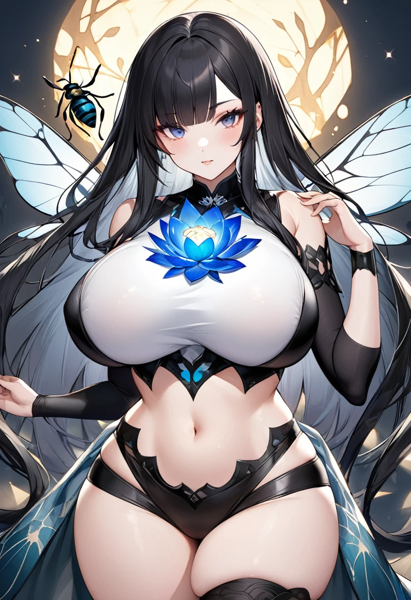 beautiful girl: 

long hair with bangs:
Hair color; black and white hair, but with black bangs and a few strands of black hair Body: very big breasts, small waist, Wide hips, chubby thighs, culona (wasp body)

Imegen: tiene un tatuaje en el pecho de una araña  🕷️ y en el abdomen bajo tiene un tatuaje tambien de flor de loto 🪷 

Ojos: heterocromina, one eye is black and the other is light blue crystalline