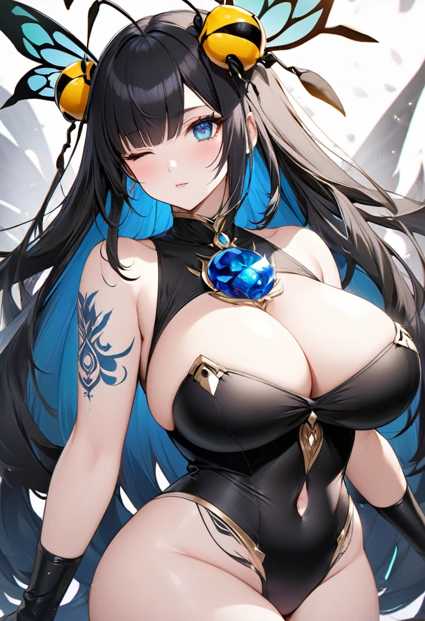 beautiful girl:
long hair with bangs:
Hair color; black and white hair, but with black bangs and a few strands of black hair Body: very big breasts, small waist, Wide hips, chubby thighs, culona (wasp body)
Imegen: tiene un tatuaje en el pecho de una araña 🕷️ y en el abdomen bajo tiene un tatuaje tambien de flor de loto 🪷
Ojos: heterocromina, one eye is black and the other is light blue crystalline