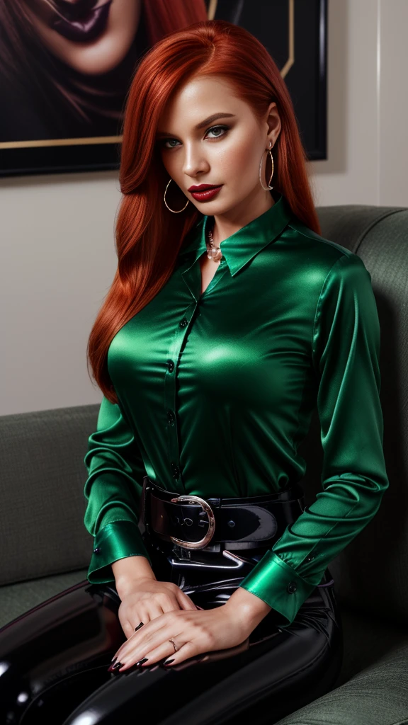 (1girl:1.34), (face and upper body view: with face and hair fully visible:2.3), (solo), (realistic photography), (elegant redhead dominant woman sitting on a couch wearing formal dark green shiny long sleeved satin collared shirt strictly buttoned all the way up :2.3), (wears one long sleeved dark green collared satin shirt:2.2), (wears one large black pvc belt with silver buckle :1.72), (her left hand caresses her belt:1.71), (wears one pearl necklace:1.63), (her right hands caresses her necklace:1.62), (wears long black glossy patent leather trousers:1.5), (looking at the camera with intense dominant eyes:1.44), (long straight red hair:1.43), (asymetric hairstyle:1.42), (clear white skin:1.41), (brown eyes:1.34), (latina type eyes:1.33), (slim body, medium breasts:1.32), heavy sophisticted make-up, deep dark eye shadow, thick lips, (dark shiny glossy lipstick:1.25), hourglass figure, seductive face, large round hoop silver earrings, soft volumetric lights, intricate details, (ArtStation:1.2)