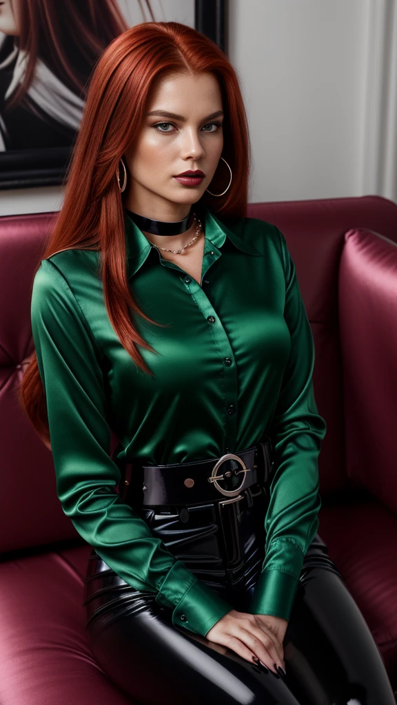 (1girl:1.34), (face and upper body view: with face and hair fully visible:2.3), (solo), (realistic photography), (elegant redhead dominant woman sitting on a couch wearing formal dark green shiny long sleeved satin collared shirt strictly buttoned all the way up :2.3), (wears one long sleeved dark green collared satin shirt:2.2), (wears one large black pvc belt with silver buckle :1.72), (her left hand caresses her belt:1.71), (wears one pearl necklace:1.63), (her right hands caresses her necklace:1.62), (wears long black glossy patent leather trousers:1.5), (looking at the camera with intense dominant eyes:1.44), (long straight red hair:1.43), (asymetric hairstyle:1.42), (clear white skin:1.41), (brown eyes:1.34), (latina type eyes:1.33), (slim body, medium breasts:1.32), heavy sophisticted make-up, deep dark eye shadow, thick lips, (dark shiny glossy lipstick:1.25), hourglass figure, seductive face, large round hoop silver earrings, soft volumetric lights, intricate details, (ArtStation:1.2)