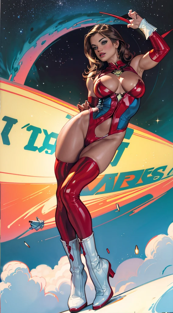 Rita Faltoyano, wearing a modern white lingerie with red laces, while flying through space on a rocket. (((full body))) in comic book panel, full body, bold lineart illustration comic, seductive blue eyes, parted lips, perfect body, curvy, fitness, nsfw, in the style of Adam Hughes, (((obra prima))), (((adulto))) Explore retro-futuristic aesthetics, highlighting her confidence and skill as she challenges the limits of the cosmos.