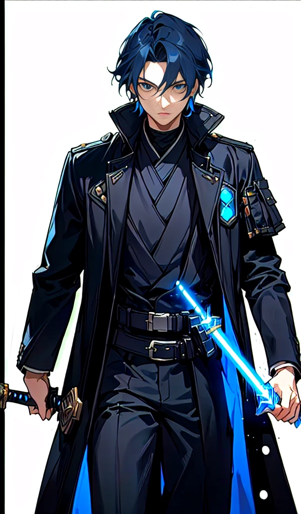 blurred image of a man in a black coat and a sword, rs old, jacen solo, inspired by Han Gan, blue colored eyes, he has big knives on his belt, vergilio, skinny male fantasy scientist, lime lasted lightsaber wallpaper, Anakin Skywalker, vergilio from devil may cry, style of starfinder, star character, slim male fantasy alchemist