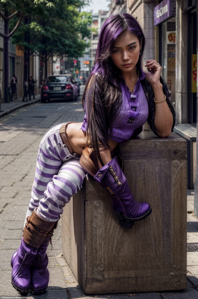 [[((young attractive Singaporean woman with strong Chinese Asian influence, a brown tanned complexion, long straight dark black hair, striking almond-shaped dark brown eyes, and a  frame:1.6)), ((Sophie Tan:1.5)), posing on a city street, wearing ((a black cropped top with white stripes, black high-waisted pants with buttons, and purple ankle boots:1.6)). She is striking a fashionable pose with one hand on her hip and the other adjusting her red sunglasses. The background features a bustling city street. The scene is captured with a ((full-frame DSLR:1.4)) using a ((50mm prime lens:1.4)) to keep Sophie in sharp focus while slightly blurring the background. Professional lighting enhances her natural features and the trendy outfit. The image should be in ((8K resolution:1.5)) with ((hyper-realistic detail:1.6)). The focus is on Sophie’s trendy street style, her confident pose, and the vibrant city setting.]]
