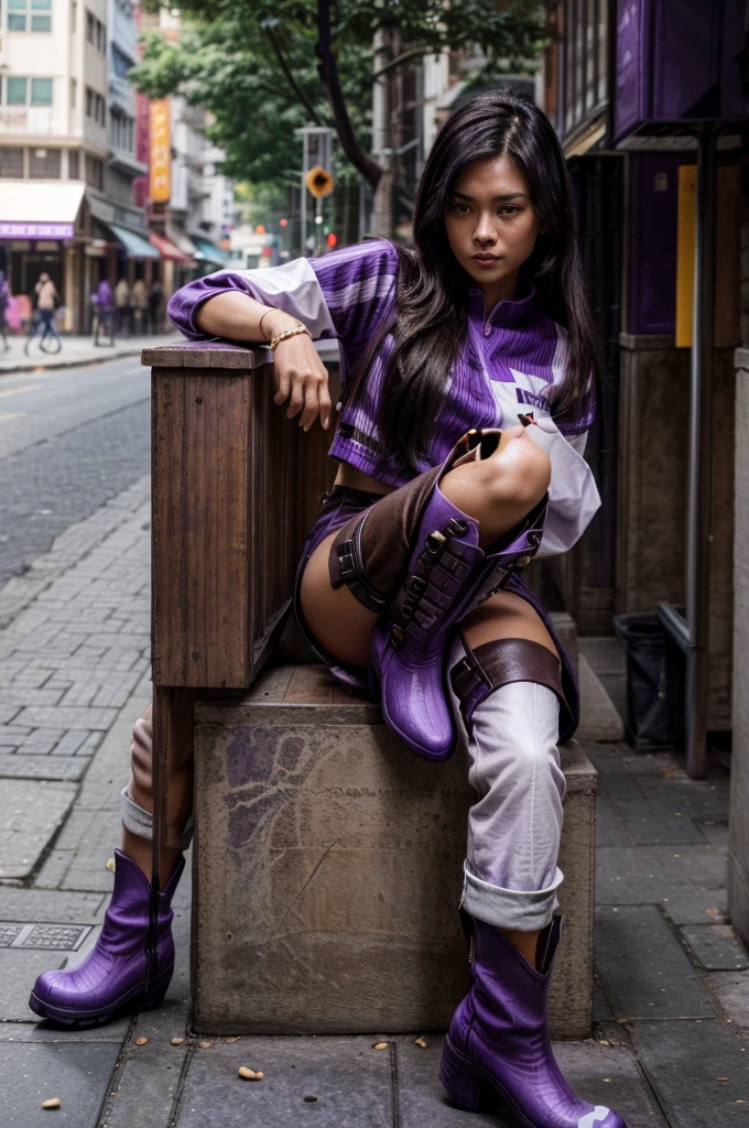 [[((young attractive Singaporean woman with strong Chinese Asian influence, a brown tanned complexion, long straight dark black hair, striking almond-shaped dark brown eyes, and a  frame:1.6)), ((Sophie Tan:1.5)), posing on a city street, wearing ((a black cropped top with white stripes, black high-waisted pants with buttons, and purple ankle boots:1.6)). She is striking a fashionable pose with one hand on her hip and the other adjusting her red sunglasses. The background features a bustling city street. The scene is captured with a ((full-frame DSLR:1.4)) using a ((50mm prime lens:1.4)) to keep Sophie in sharp focus while slightly blurring the background. Professional lighting enhances her natural features and the trendy outfit. The image should be in ((8K resolution:1.5)) with ((hyper-realistic detail:1.6)). The focus is on Sophie’s trendy street style, her confident pose, and the vibrant city setting.]]
