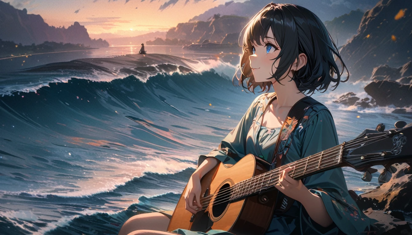 beautiful 1girl, solo, gentle smile on her face flat chest, short hair, black hair, blue eyes, Beautiful depiction,, Sunset Serenade by the Sea,focus on landscape,Landscape painting,The girl is playing the guitar while looking up at the sky,Masterpiece of a girl in playing the guitar,bestquality,high resolution,extra limbs,missing limb,extra digit,fewer digit,missing digit,missing fingers,fused fingers,mutated hands and fingers,immersed in a peaceful night scene, 4K high-definition digital art, with ultra-detailed digital paintings, capturing every texture and nuance in 4K, Beautiful art UHD 4K, showcasing great art style and dreamy digital painting, calm night setting, intuitive details, anime art wallpaper enhancing your space, 1 girl, lost in her music, highly detailed digital painting, 4K high-definition, intricately rendered uniform, sitting on the breakwater, watching the tranquil water, great lighting complementing the scene, 4K detailed digital art, highly detailed digital painting, capturing every emotion and