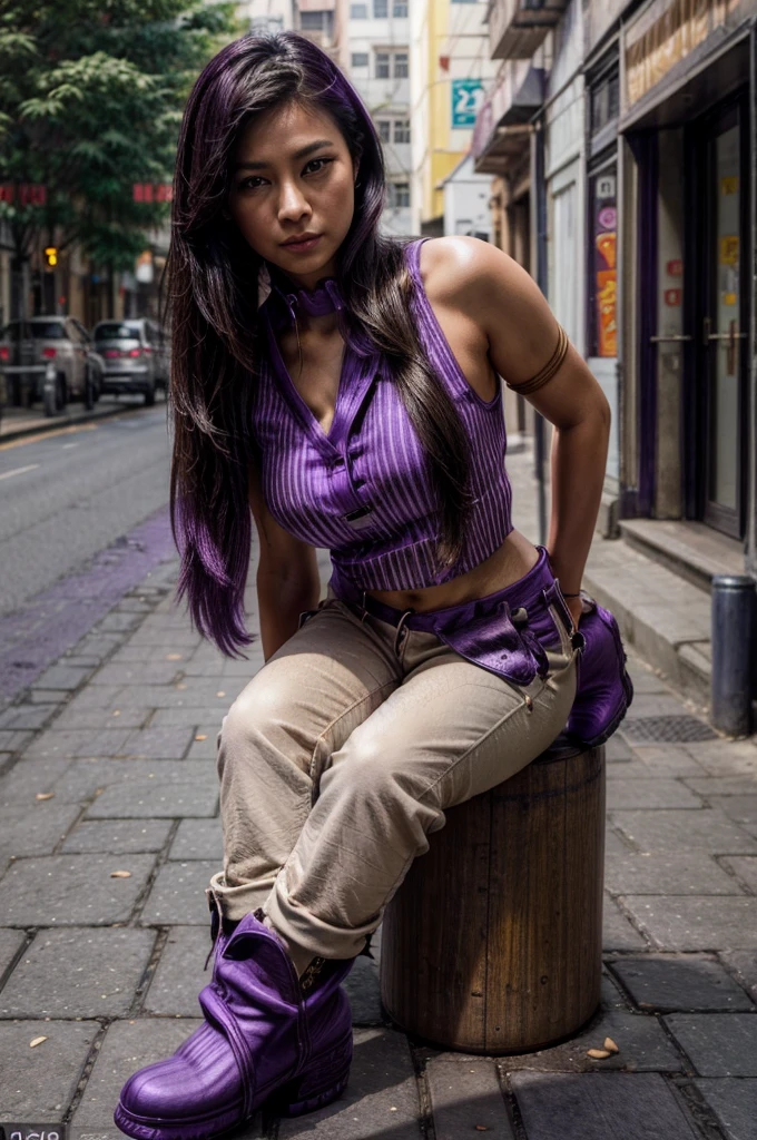 [[((young attractive Singaporean woman with strong Chinese Asian influence, a brown tanned complexion, long straight dark black hair, striking almond-shaped dark brown eyes, and a  frame:1.6)), ((Sophie Tan:1.5)), posing on a city street, wearing ((a black cropped top with white stripes, black high-waisted pants with buttons, and purple ankle boots:1.6)). She is striking a fashionable pose with one hand on her hip and the other adjusting her red sunglasses. The background features a bustling city street. The scene is captured with a ((full-frame DSLR:1.4)) using a ((50mm prime lens:1.4)) to keep Sophie in sharp focus while slightly blurring the background. Professional lighting enhances her natural features and the trendy outfit. The image should be in ((8K resolution:1.5)) with ((hyper-realistic detail:1.6)). The focus is on Sophie’s trendy street style, her confident pose, and the vibrant city setting.]]
